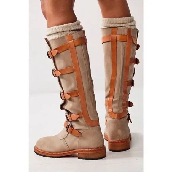 Free People Tristie Buckle Straps Knee High Boots Suede Lug - Picture 4 of 4